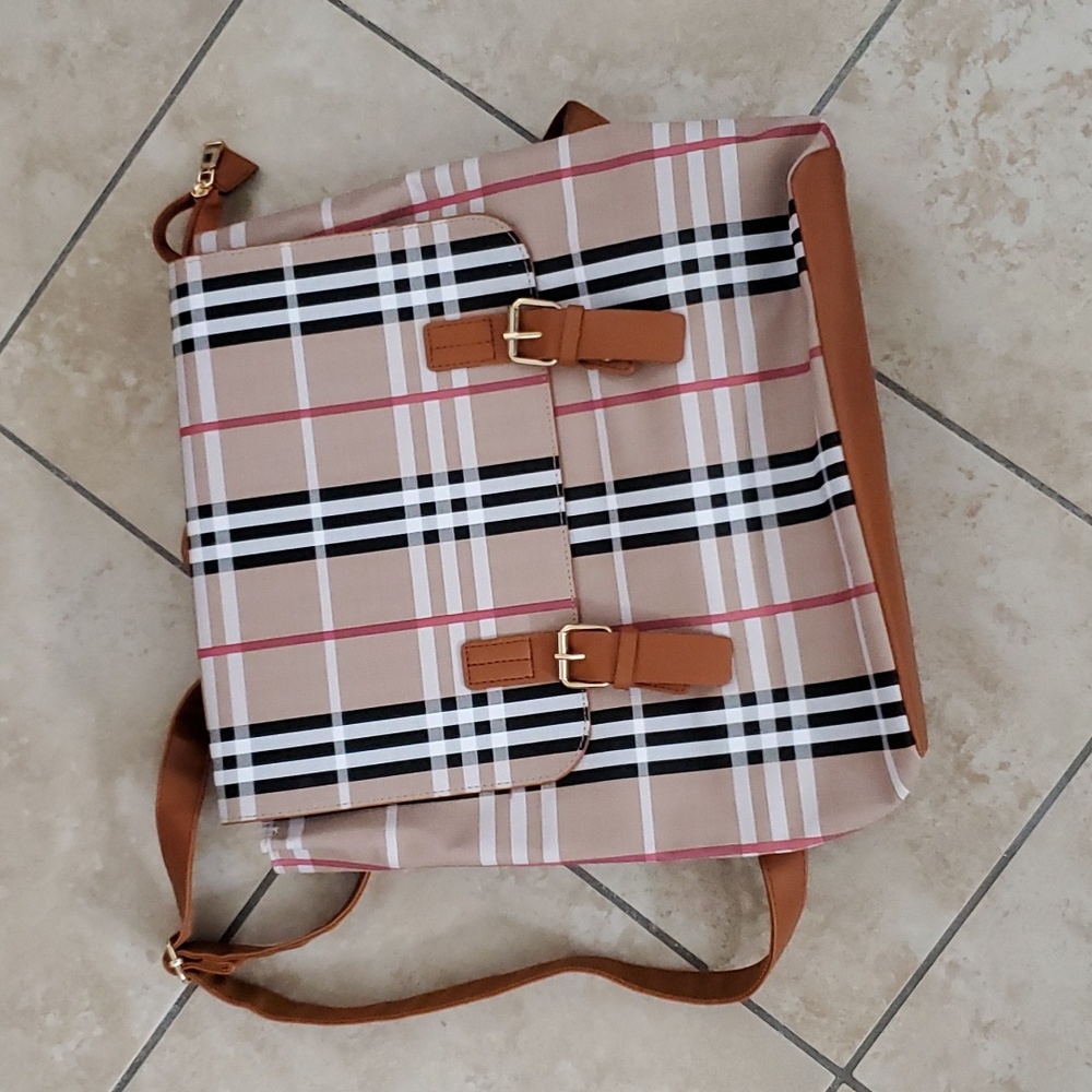 Limited Ed. Loulu Pink Beige Black White Plaid Backpack Bag - Picture 2 of 13